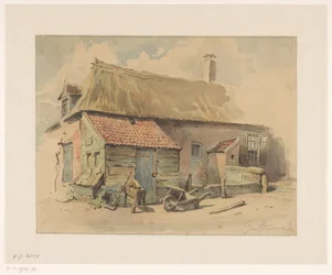 Maison paysanne avec une annexe en bois, devant une brouette et une meule