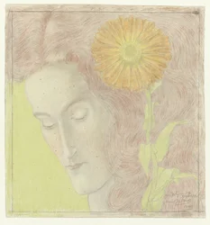 Tête de femme aux cheveux roux et chrysanthème