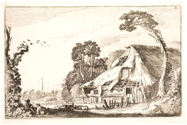 Paysage avec une grange délabrée
