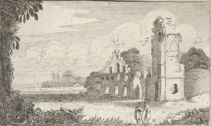 Paysage avec une église en ruines et deux bergers en conversation