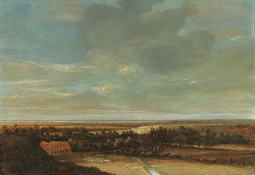 Paysage de dunes avec une ferme et un terrain de blanchiment
