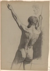 Nu masculin debout avec les bras levés, vu de dos