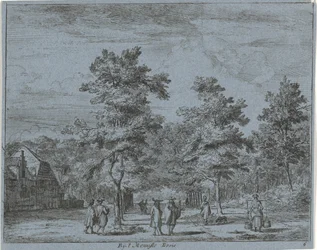 Figures marchant sur une allée bordée d