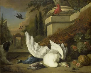 Un chien avec une oie morte et un paon (Une étude de gibier et de fruits)