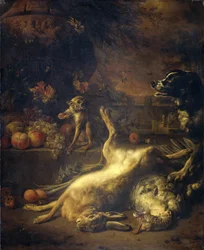 Un singe et un chien avec du gibier mort et des fruits