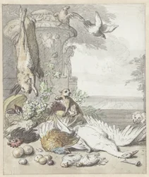 Gibier mort, un singe, un chien et quelques oiseaux