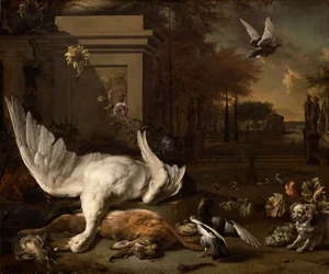 Nature morte avec cygne et gibier devant un domaine de campagne, vers 1685