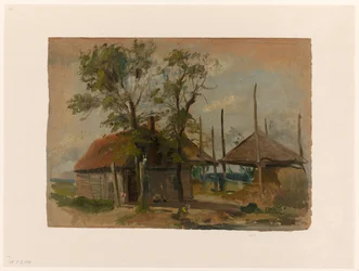 Maison de paysan avec deux meules de foin