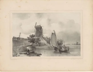 Vue sur une rivière avec un voilier et un moulin