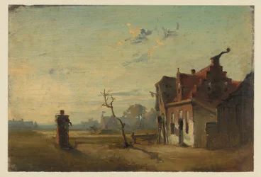 Paysage avec maison paysanne et pompe à eau