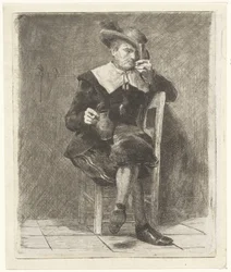 Homme avec cruche et verre sur une chaise
