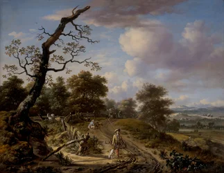 Paysage vallonné avec une partie de chasse au faucon