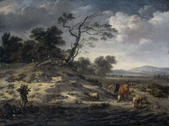 Paysage avec du bétail sur une route de campagne