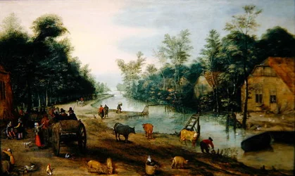 Paysage fluvial boisé en été avec des voyageurs arrivant à une auberge