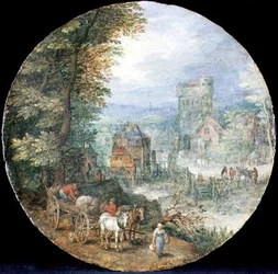 Un vaste paysage boisé avec ville, moulin et paysans