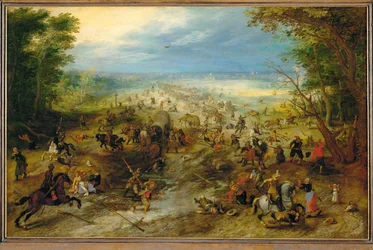 Bandits attaquant un convoi de charrettes tirées par des chevaux (huile sur bois de chêne)