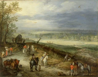 Paysage étendu avec des voyageurs sur une route de campagne, vers 1608-10 (huile sur cuivre)