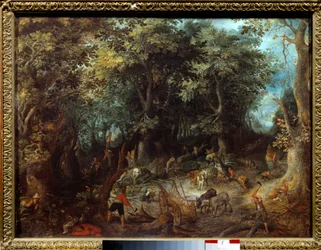 Paysage dans la forêt, les bûcherons