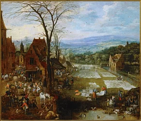 Marché et buanderie (peinture sur toile)