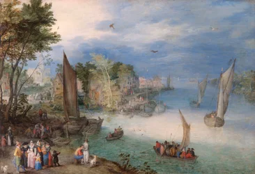 Scène fluviale avec bateaux et personnages