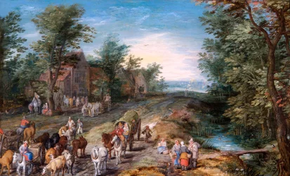 Scène de route avec voyageurs et bétail