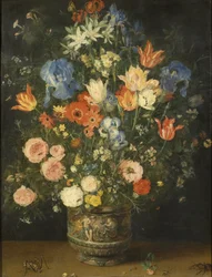 Nature morte avec des fleurs dans un pot sculpté, vers 1620-24