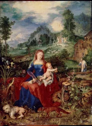 La Sainte Famille avec des animaux feuilletant un livre et tenant l