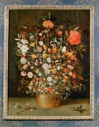 Nature morte : Un bouquet de fleurs dans un vase en bois (peinture sur toile)