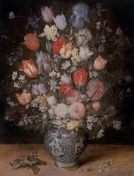 Nature morte de fleurs dans une cuve en bois