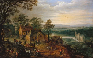 Rue de village avec figures et charrettes, un château entouré de douves en arrière-plan