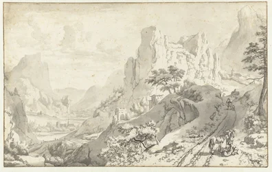 Paysage de montagne avec voyageurs sur une route