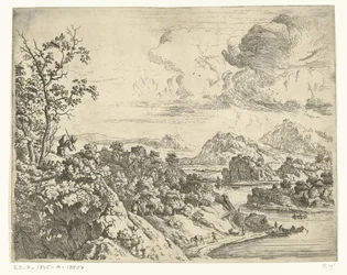 Paysage fluvial avec homme portant un paquet sur son dos