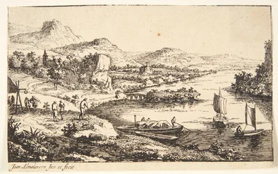 Paysage fluvial avec voyageurs, à droite une péniche et deux barques à voile