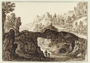 Paysage montagneux rocheux avec deux voyageurs au premier plan