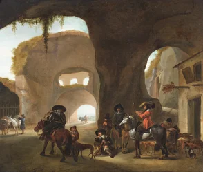 Cavaliers dans une arène en ruine (huile sur toile)