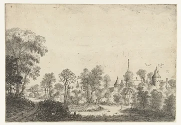 Paysage avec vue sur un village et un homme en bateau