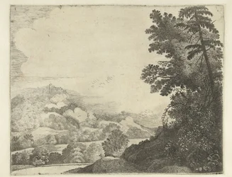 Paysage avec mouton sur colline et arbres