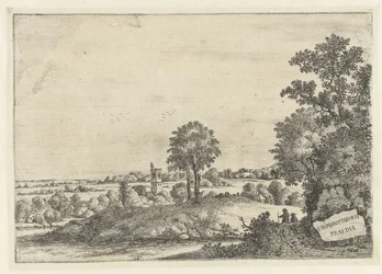 Paysage avec deux hommes sur un chemin de sable et vue sur un village