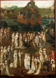 Société de cour devant un château bourguignon (huile sur bois)