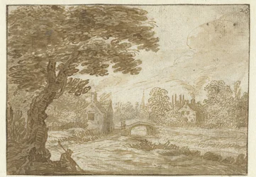 Paysage avec maisons et un petit pont