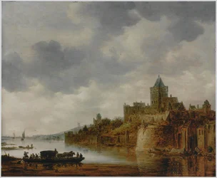Néerlandais : Paysage de la rivière avec vue sur Valkhof, Nijmegen Paysage de la rivière avec vue sur Valkhof, Nijmegen