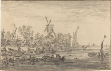 Scène de rivage avec moulin à vent