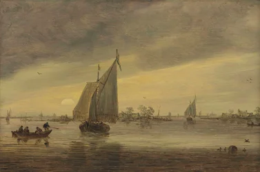 Lever de soleil sur le Haarlemmermeer avec un schmalship et d