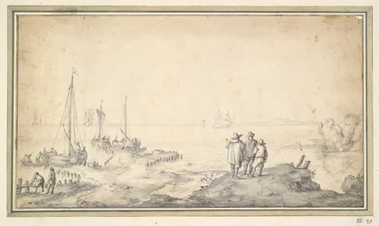 Trois figures sur une dune surplombant une baie avec des navires