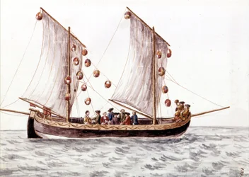 Un trabac vénitien avec des lanternes, bateau de pêche utilisé dans les eaux peu profondes comme la mer Adriatique. Dessin à l