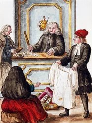 Mont-de-piété, illustration de Livre illustré des costumes vénitiens, par Jan Grevenbroeck, aquarelle, Italie