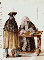 La salle de jeu : un personnage masqué devant le croupier tirant des cartes, des pièces sont collectées sur la table. Dessin à l
