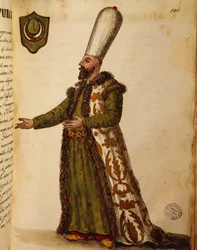 Ambassadeur turc à Venise, gravure en couleur de Giovanni di Grevembroch, du Gli abiti de veneziani (costumes des Vénitiens), volume II, planche 121