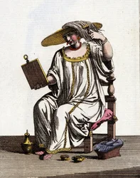 Méthode des femmes vénitiennes pour éclaircir leurs cheveux au soleil aux 17ème - 18ème siècles. Dessin à l