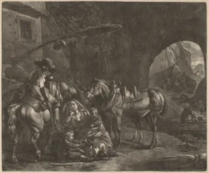 Mère avec deux enfants et un cheval devant une auberge